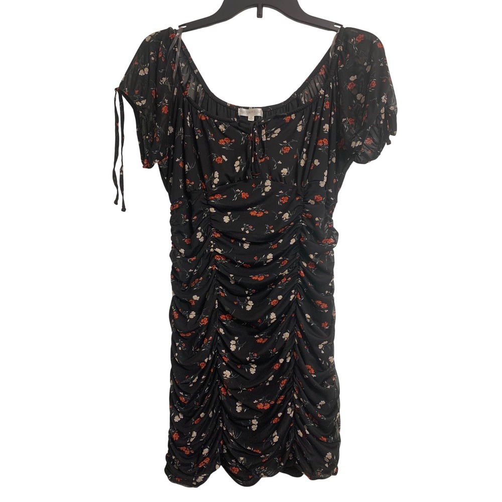 Ultra Flirt Floral Mesh Ruched Bodycon Mini Dress Black  Medium‎